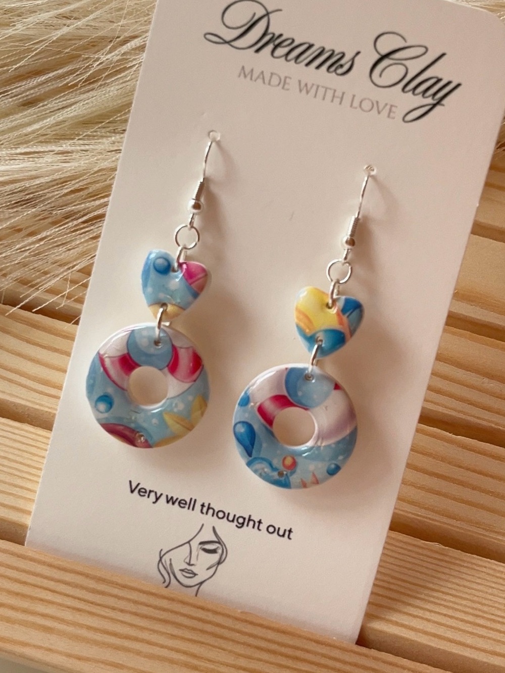 Blue Multicolor Heart & Donut Dangle Earrings